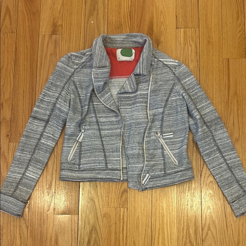 Anthropologie Striped Gray Moto Jacket with Coral Lining